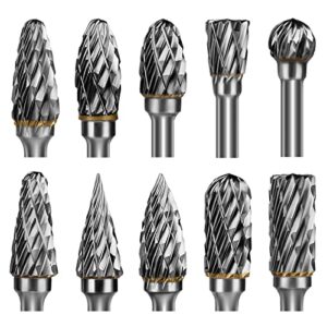 homeidol carbide burr set die grinder bits rotary tool bits 1/8" shank 10 pc double cut wood carving accessories cutting burrs metal grinding engraving polishing porting trimming