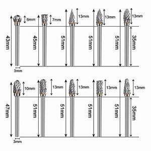 HOMEIDOL Carbide Burr Set Die Grinder Bits Rotary Tool Bits 1/8" Shank 10 PC Double Cut Wood Carving Accessories Cutting Burrs Metal Grinding Engraving Polishing Porting Trimming