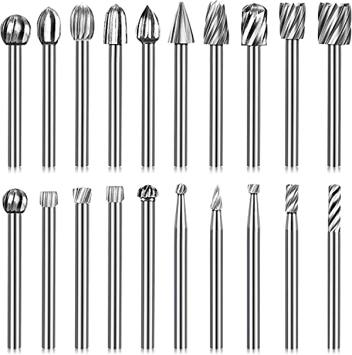 QLOUNI 20pcs Rotary Bit Burrs Set HSS Tungsten Carbide Wood Milling Burrs with 1/8’’(3mm) Shank for DIY Woodworking, Carving, Engraving, Drilling