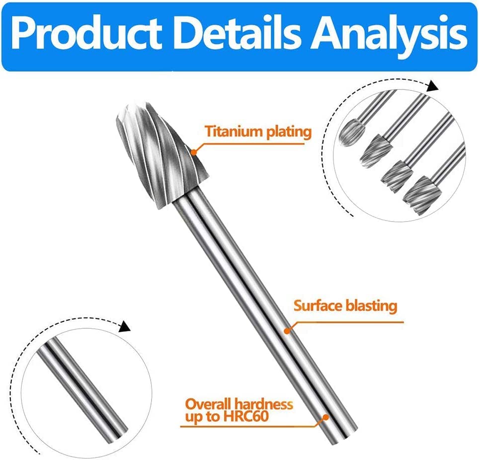 QLOUNI 20pcs Rotary Bit Burrs Set HSS Tungsten Carbide Wood Milling Burrs with 1/8’’(3mm) Shank for DIY Woodworking, Carving, Engraving, Drilling