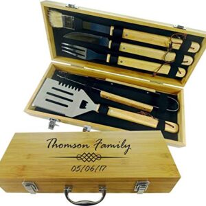 BBQ SET 5 tools | Custom engraved/personalized grilling set with 5 useful Barbeque grilling tools | Barbecue Utensils Gifts for Men & Women | In natural bamboo case | Grill Utensils Set for Dad