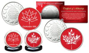 canada 150 anniversary royal canadian mint medallions 2-coin set - all red logos