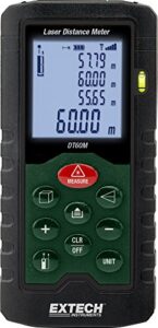 extech dt60m laser distance meter, measurements up to 196 feet, backlit lcd display, integrated pythagorean theorem, 20 point memory, stakeout function, handy built-in bubble level