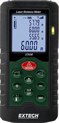 Extech DT60M Laser Distance Meter, Measurements up to 196 feet, Backlit LCD Display, Integrated Pythagorean Theorem, 20 Point Memory, Stakeout Function, Handy Built-in Bubble Level