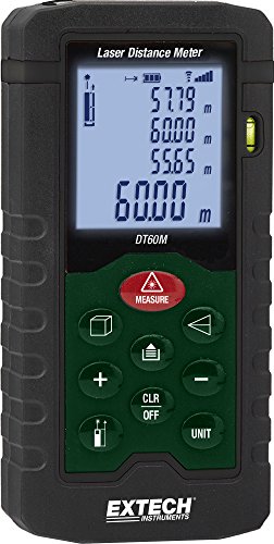 Extech DT60M Laser Distance Meter, Measurements up to 196 feet, Backlit LCD Display, Integrated Pythagorean Theorem, 20 Point Memory, Stakeout Function, Handy Built-in Bubble Level