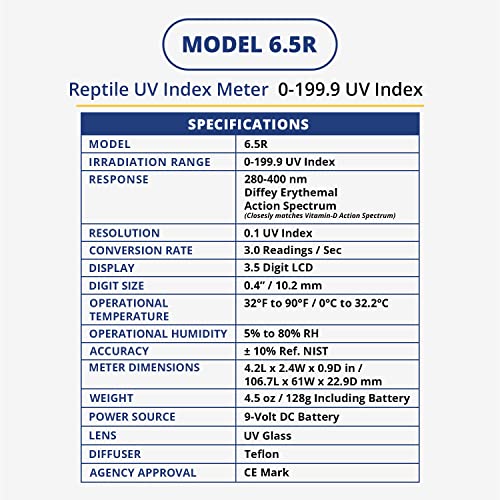 Solarmeter Model 6.5R Reptile UV Index Meter, Handheld Digital Radiometer for Measuring Ultraviolet Light, Measures 280-400 nm with Range from 0-199.9 UV Index, Made in USA, ABS Polymer, Black