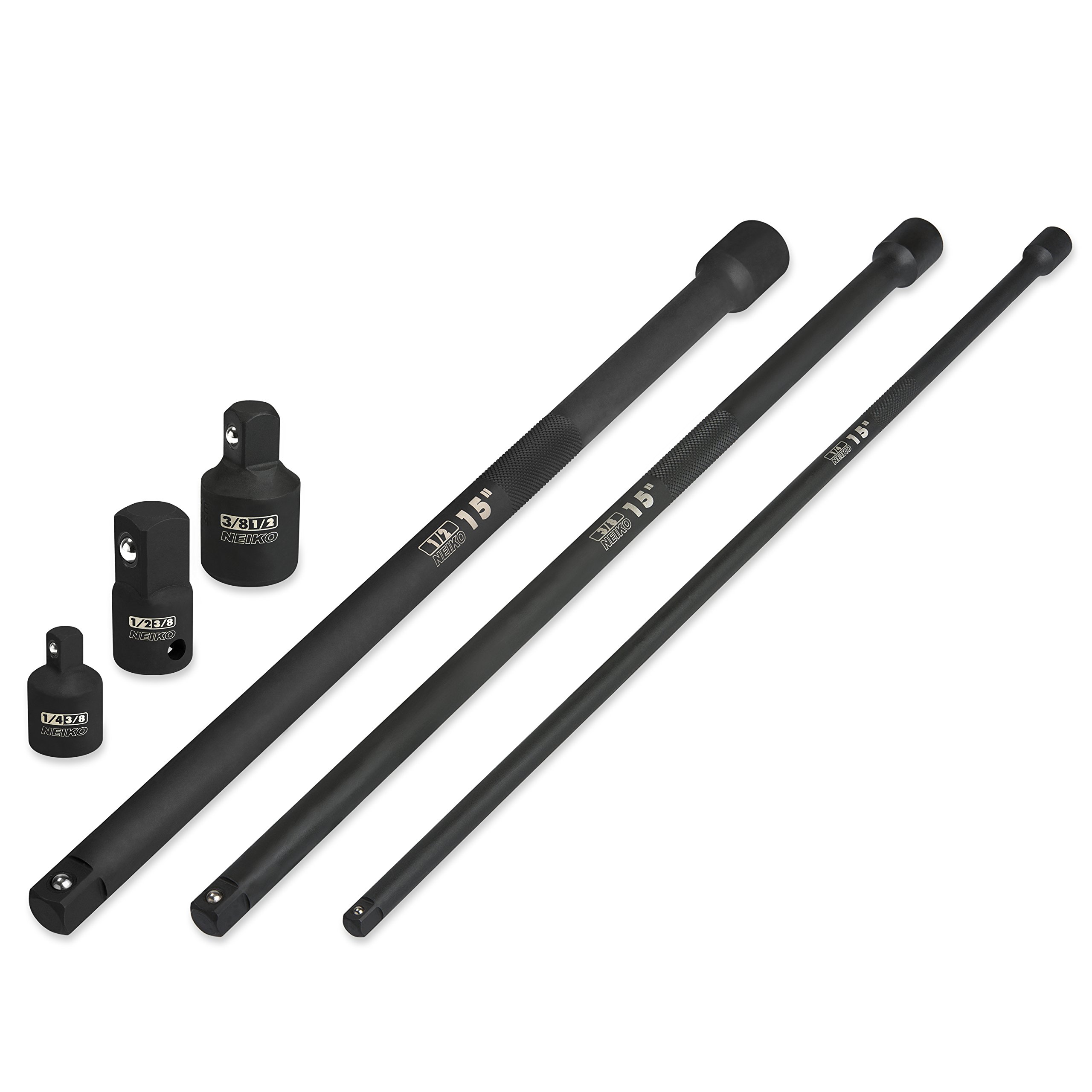 NEIKO 00258A 15” Long Impact Extension Set and Impact Socket Adapter Set, 1/4", 3/8”, 1/2” Drive Extensions and Socket Adapters, 6 Pieces Total (3 Piece Each), Chrome Vanadium Cr-V Steel