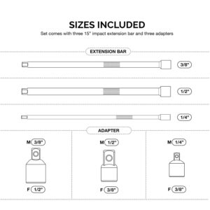 NEIKO 00258A 15” Long Impact Extension Set and Impact Socket Adapter Set, 1/4", 3/8”, 1/2” Drive Extensions and Socket Adapters, 6 Pieces Total (3 Piece Each), Chrome Vanadium Cr-V Steel