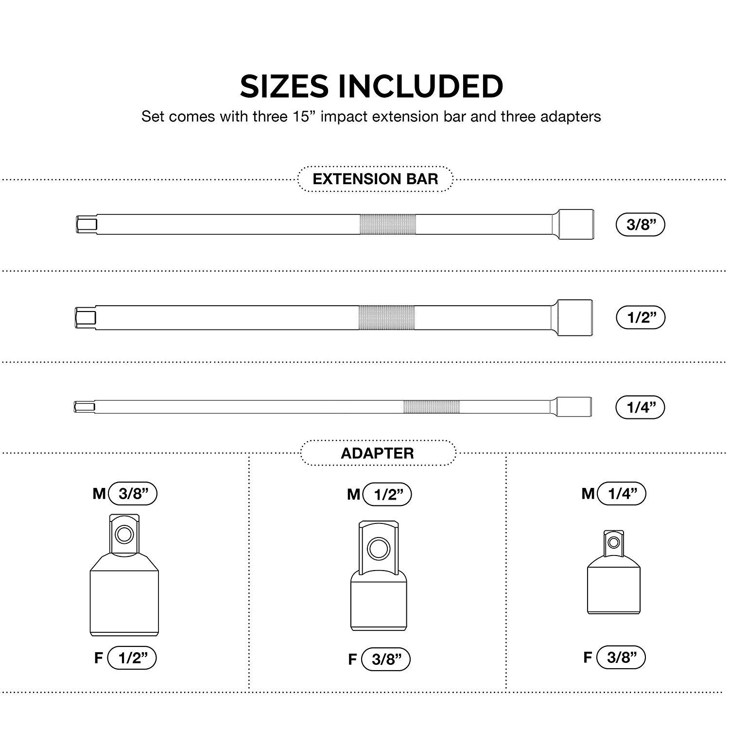 NEIKO 00258A 15” Long Impact Extension Set and Impact Socket Adapter Set, 1/4", 3/8”, 1/2” Drive Extensions and Socket Adapters, 6 Pieces Total (3 Piece Each), Chrome Vanadium Cr-V Steel