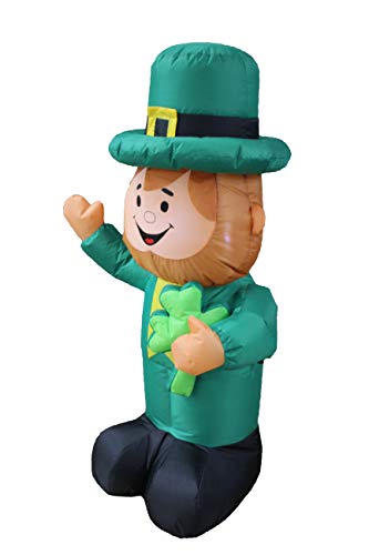 4 Foot Tall Saint Patrick's Day Inflatable Green Leprechaun Holding Shamrock Pre-Lit LED Lights Cute Lucky Outdoor Indoor Holiday Blow up Lighted Yard Decoration