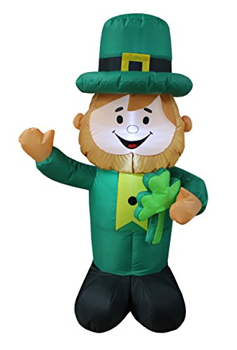 4 Foot Tall Saint Patrick's Day Inflatable Green Leprechaun Holding Shamrock Pre-Lit LED Lights Cute Lucky Outdoor Indoor Holiday Blow up Lighted Yard Decoration