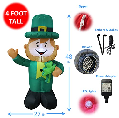 4 Foot Tall Saint Patrick's Day Inflatable Green Leprechaun Holding Shamrock Pre-Lit LED Lights Cute Lucky Outdoor Indoor Holiday Blow up Lighted Yard Decoration