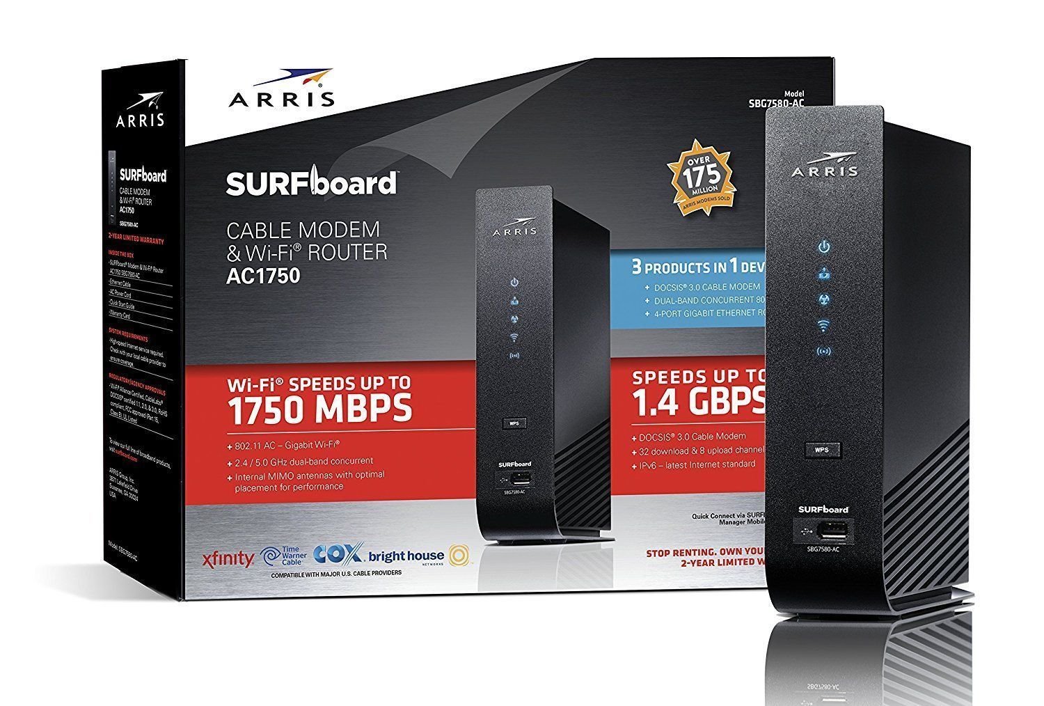 ARRIS SURFboard (32x8) DOCSIS 3.0 Cable Modem Plus AC1750 Dual Band Wi-Fi Router, Certified for Comcast Xfinity, Spectrum, Cox & more (SBG7580AC McAfee), SBG7580AC-MCAFEE, Black