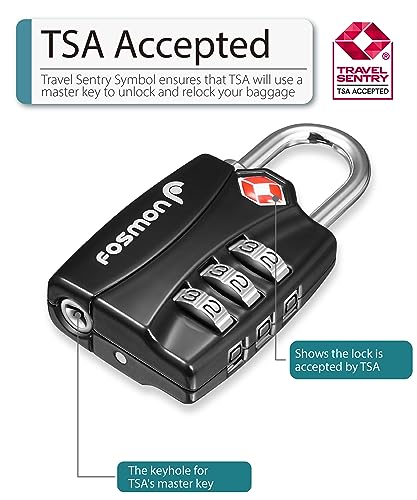 Fosmon TSA Accepted Luggage Locks, (4 Pack) Open Alert Indicator 3 Digit Combination Padlock Codes with Alloy Body for Travel Bag, Suit Case, Lockers, Gym, Bike Locks - Black, Blue, Pink, and Silver