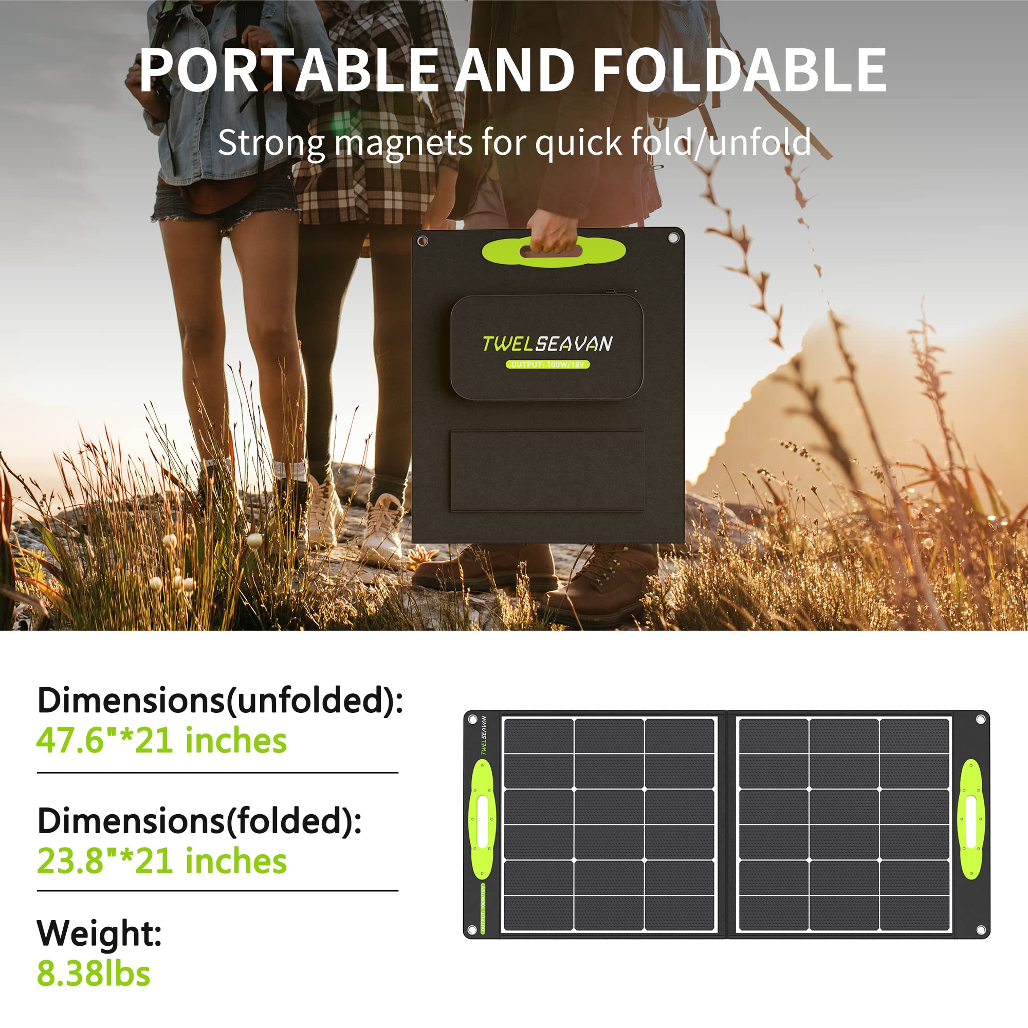 TWELSEAVAN Portable Solar Panel for Power Station, 100W Foldable Solar Charger with QC3.0/PD60W/DC 4 Outputs for Phone Tablet Camping Outdoors RV