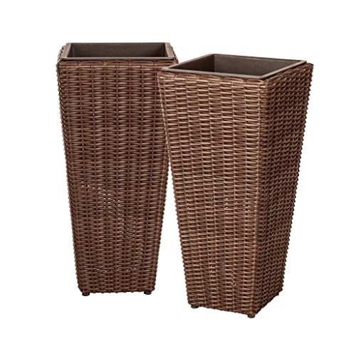 Patio Sense 62501 Alto Wicker All-Weather Planter Set with Liners Tall Plant Decor Box for Outdoors Patio Herb Garden Furnishings - Mocha - Pack of 2