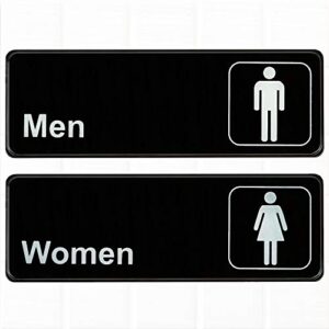 (set of 2) restroom signs, men's and women's restroom signs - black and white, 9 x 3-inches bathroom signs, restroom signs for door/wall by tezzorio