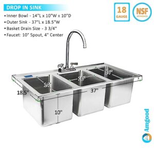 AmGood Stainless Steel Drop Sink - 3 Compartment Drop in Sink | NSF Certified (10" x 14" x 10" With Faucet)