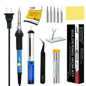 ldk soldering iron kit electronics, [upgraded] full set 60w 110v adjustable temperature welding tool with 5pcs different tips, stand, tweezers, sponge, flux pen, solder wire and user manual