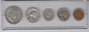 1951 no mint mark birth year coin set (5) coins - silver half dollar, silver quarter, silver dime, nickel, and cent all dated 1951 and encased in a plastic display case collection seller very good -fine