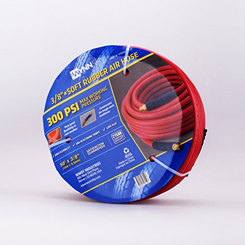 WYNNsky Rubber Air Hose,50-Feet x 3/8-Inch, 300 PSI, Red Heavy Duty Air Compressor Hose With Double 1/4" MNPT Brass Endings