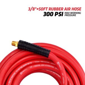 WYNNsky Rubber Air Hose,50-Feet x 3/8-Inch, 300 PSI, Red Heavy Duty Air Compressor Hose With Double 1/4" MNPT Brass Endings