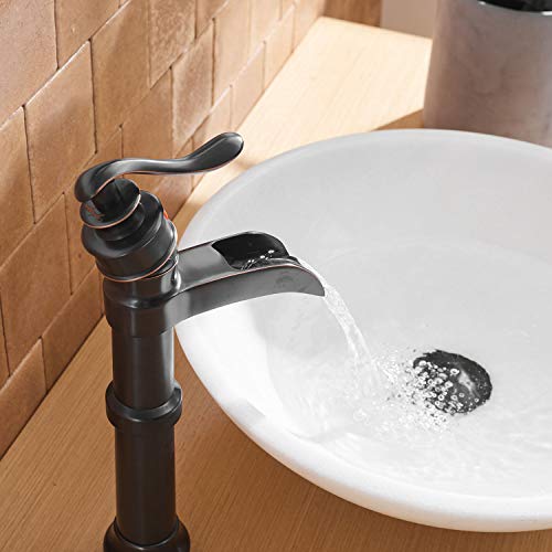 Vessel Sink Faucet Single-Handle with Pop Up Drain Assembly and Supply Hose Lead-Free Lavatory Waterfall Bathroom Faucets Mixer Tap Deck Mounted Oil Rubbed Bronze