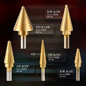 ZELCAN HSS 5PCS Titanium Step Drill Bit Set with Automatic Center Punch for Sheet Metal with Aluminum Case, 50 Sizes in 5 High Speed Multiple Hole Stepped Up Steel Bits for DIY Lovers