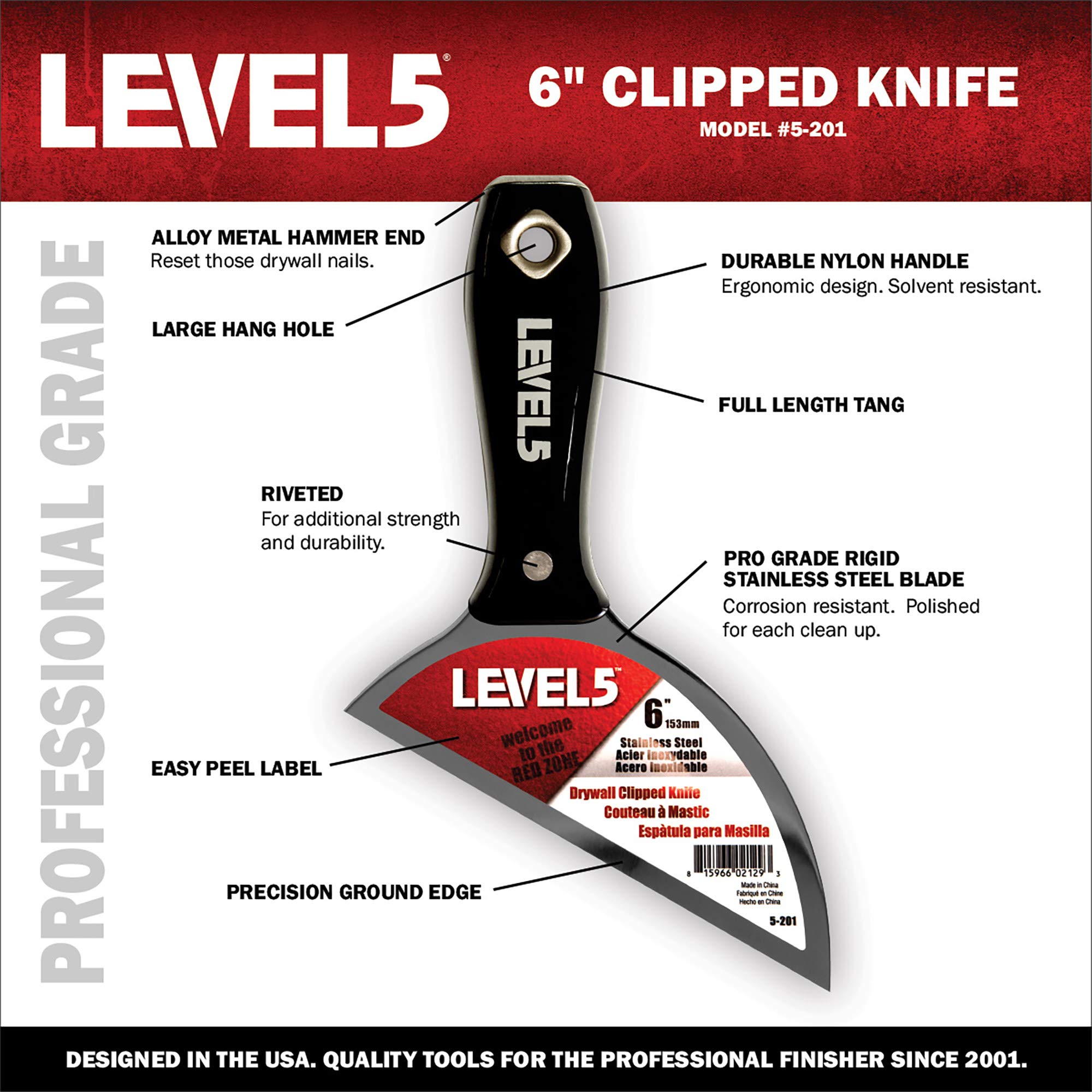 6" Clipped Drywall Pointing Knife - LEVEL5 | Metal Hammer End | Pro-Grade Finishing Tools | Sheetrock Gyprock Plasterboard Mud | 5-201