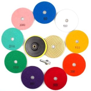 ADVcer Wet Diamond Polishing Pads Set, 4" 10 Pads 50 to 3000 Grit with Hook and Loop Backing Holder Disc - Ideal Buffing Kit for Granite Concrete Marble Stone Countertop Tile Floor Grinder or Polisher