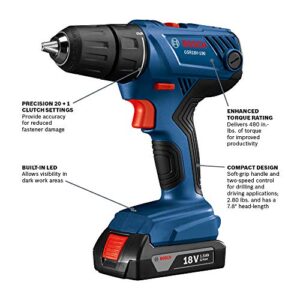 Bosch 18V Compact 1/2" Drill/Driver Kit with (2) 1.5 Ah Slim Pack Batteries GSR18V-190B22