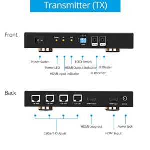 gofanco Prophecy 1080p 1x4 HDMI Extender Splitter Over Cat5e/Cat6/Cat7 Ethernet Cable with HDMI Loopout - Up to 50m/165ft - EDID Management, Bi-Directional IR Control, 1 in 4 Out (HDExt4P-Pro)