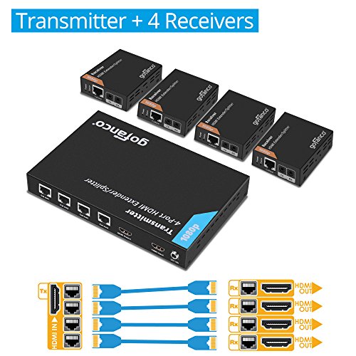 gofanco Prophecy 1080p 1x4 HDMI Extender Splitter Over Cat5e/Cat6/Cat7 Ethernet Cable with HDMI Loopout - Up to 50m/165ft - EDID Management, Bi-Directional IR Control, 1 in 4 Out (HDExt4P-Pro)