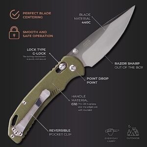 Firebird GANZO F753M1 Pocket Folding Knife Anti-Slip G-10 Handle with Clip 440C Stainless Steel Blade Camping Hunting Gear Fishing Folder Outdoor EDC Knife (Green)