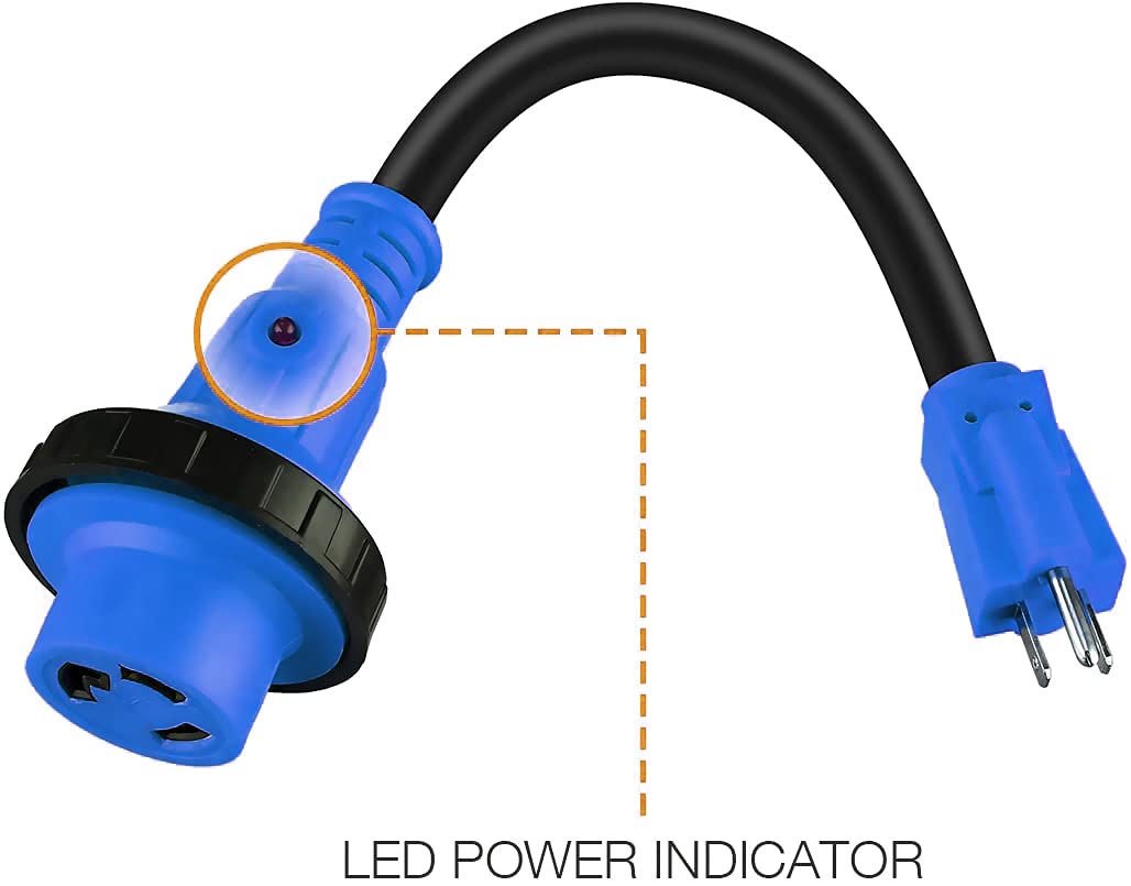 Miady 15A Male to 30A Female Locking Connector RV Adapter Cord 12" Camper Dogbone Adapter with LED Power Indicator (STW 10/3 Cord)