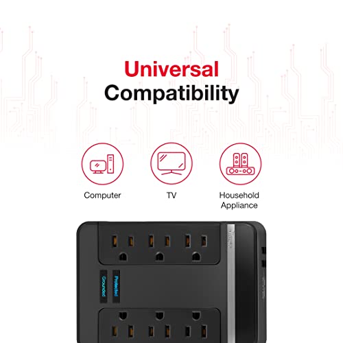 Rocketfish 6-Outlet/2-USB Swivel Wall Tap Surge Protector - Provides Protection & Convenient Mobile Phone Charging - Black