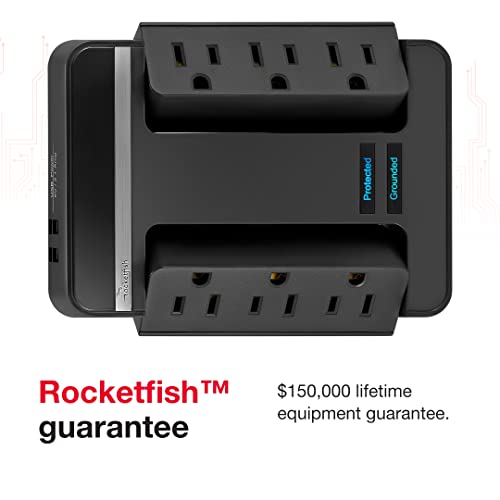Rocketfish 6-Outlet/2-USB Swivel Wall Tap Surge Protector - Provides Protection & Convenient Mobile Phone Charging - Black