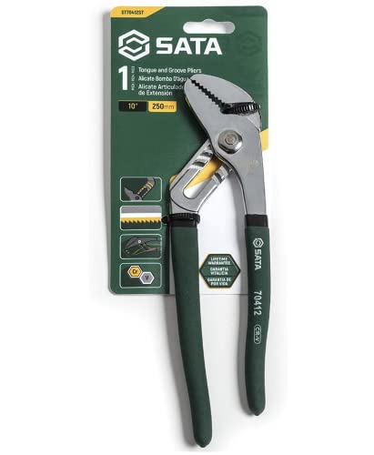 SATA 10-Inch Tongue-and-Groove Pliers, Straight Jaw Design, with Chrome Vanadium Steel Construction and Green Dipped Handles - ST70412ST