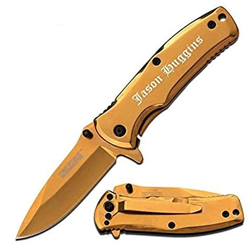 ForeverGiftsusa Free Engraving - Quality Titanium Coated Stainless Steel Spring Assisted Pocket Knife (Gold)