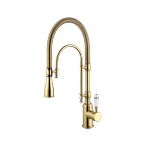 kunmai single handle high arc swiveling dual-mode pull-down sprayer kitchen sink faucet with porcelain handle in polished gold,lead-free solid brass pre rinse faucet