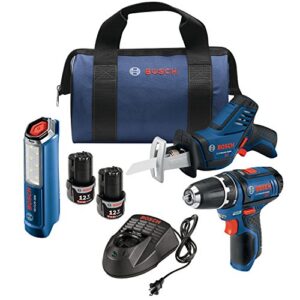 bosch power tools combo kit gxl12v-310b22 - 12v max 3-tool set with 3/8 in. drill/driver, pocket reciprocating saw and led worklight,black/blue