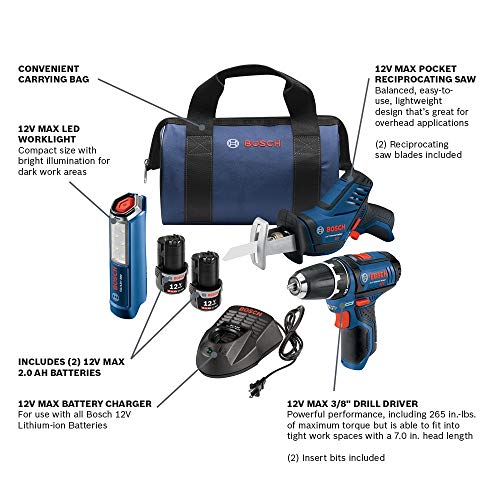 BOSCH Power Tools Combo Kit GXL12V-310B22 - 12V Max 3-Tool Set with 3/8 In. Drill/Driver, Pocket Reciprocating Saw and LED Worklight,Black/Blue