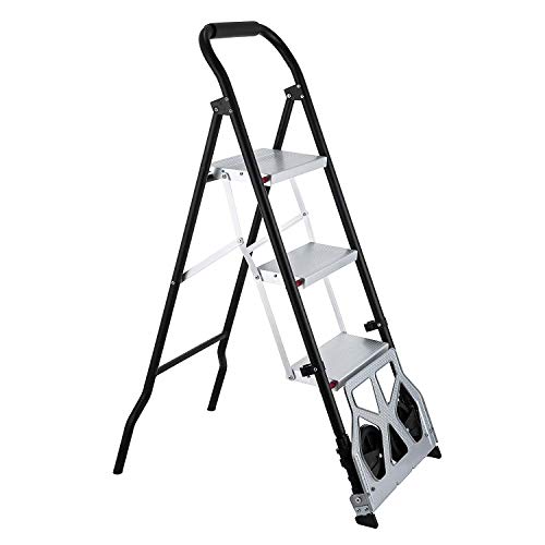 Mophorn Step Ladder 2-in-1 Convertible Aluminum Folding Step Ladder 175LBS Hand Truck Cart Dolly with Two Wheels (3-Steps)