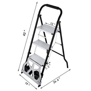 Mophorn Step Ladder 2-in-1 Convertible Aluminum Folding Step Ladder 175LBS Hand Truck Cart Dolly with Two Wheels (3-Steps)