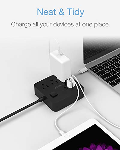 Power Strip with 3 USB 3 Outlet, Desktop Charging Station 5 ft Flat Plug Extension Cord, Small and Portable for Cruise Ship, Office, School, Black