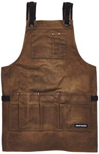 angry beaver waxed canvas work shop apron for men, wood workers apron, adjustable construction or craftsman shop apron with utility pockets and tool loop