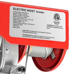 Partsam 440Lbs Lift Electric Hoist Crane Remote Control Power System, 110V Electric Hoist Zinc-Plated Steel Wire Overhead Crane Garage Ceiling Pulley Winch w/Straps (w/Emergency Stop Switch)