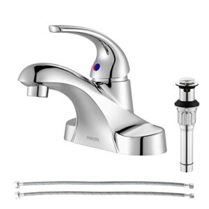 parlos single handle mid arc centerset bathroom sink faucet with metal drain assembly and cupc faucet supply lines, lead-free, chrome 13433