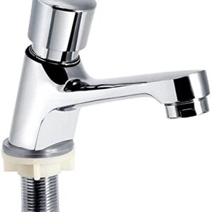 POMU Public Ktchen Bathroom Chrome Plated Self Closing Water Saving Time Delay Faucet Basin Sink Tap for Home or Outdoor Single Cold