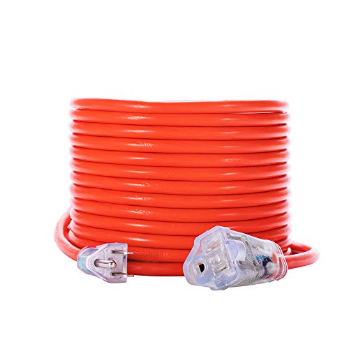 KMC 50ft 16AWG Outdoor Extension Cord, SJTW 16/3 Lighted Power Cord, Bright Orange, ETL Certified (50ft/15.24m)